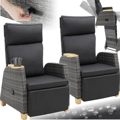 A collage of images showing outdoor rattan chairs, a close-up of a hand adjusting a chair mechanism, and a smaller inset image of a chair in a different position.