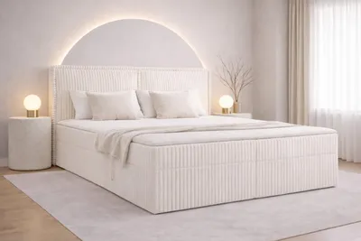 Produktbild von MOEBLO Boxspringbett Bett 04 – Boxspringbett aus Cord, Polsterbett Kontinentalbett Doppelbett mit Bonell-Matratze, Topper und Bettkasten (gepolstertes Kopfteil, Boxspring) - 180 x 200 - Ambience 01 Weiß