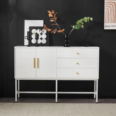 Image de Commodes AIORBER, avec deux portes et trois tiroirs, poignées dorées et pieds métalliques, stables, pour salon, chambre à coucher, bureaux, 120x32x80cm, blanc