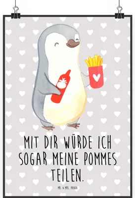 Produktbild von Mr. & Mrs. Panda Bild Pinguin Pommes DIN A1 - Grau Pastell - Geschenk, für Frauen, Valentinstag, Liebesgeschenk, Freundin, Hochzeitstag, drucke, Kunstdruck, Wandbild