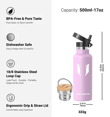 Image de Super Sparrow Bouteille d'eau en acier inoxydable - 500ml - Thermos anti-fuite, Bouteille d'eau sans BPA - Bouteille thermos gazeuse pour les enfants, les bulles, le sport, l'université, l'école, le fitness, le plein air, le camping