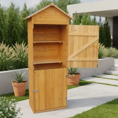 Produktbild von Gartenschuppen XL Holz Geräteschrank Braun mit Regalböden & Türen