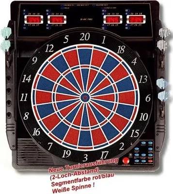 Produktbild von Karella Dartautomat CB-50 807203, Rot/Blau, 66x55x5 cm, 27 Spiele, 159 Varianten, bis 16 Spieler, variable Schwierigkeit, Double-In/Out, Cybermatch mit 5 Computergegnern, LED-Anzeigen, elektronische Sprachausgabe, Soundeffekte, Tastensperre, Darthalter, Computer Control Center, für Turnier, Heim & Training, nur für Softdarts, 2-Zonen Bullseye, max. Zähloberfläche, 8-fach regelbar