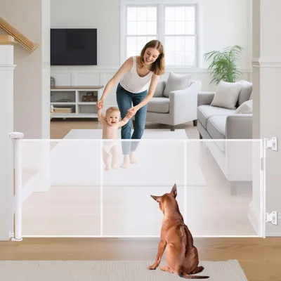 Obrázek produktu pro Bezpečnostní zábrana pro psy - Zatahovací - 86 cm výška - Až 3 m šířka - Bílá