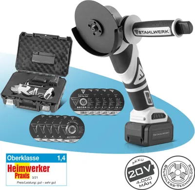 A product shot of a cordless angle grinder with accessories and marketing information.