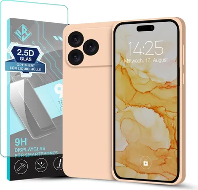 A peach-colored phone case and screen protector are displayed next to a smartphone.
