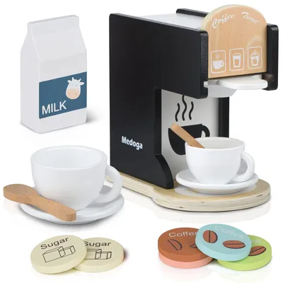 Produktbild von Kinder Kaffeemaschine Spielküchen Kaffeeset - Holz - Schwarz - Mit Filter, 2 Tassen und Pads - Ab 3 Jahren