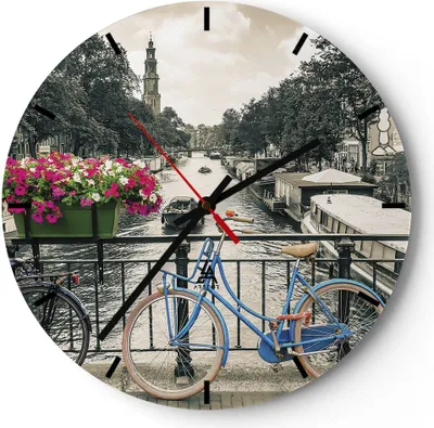 Produktbild von Wanduhr - Rund - Glasuhr - Amsterdam Fahrräder Brücke - 30x30cm - Schleichendes Uhrwerk - Lautlos - zum Aufhängen bereit - Dekoration Modern - Wanddekoration aus Glas - C3AR30x30-4503