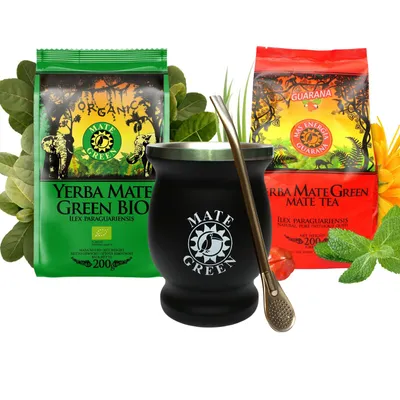 Produktbild von Yerba Mate Green Mate-Tee Set mit Stahl mate becher - Yerba Mate Green Tee mit Guarana und mate-tee 200g - Bombilla 19cm