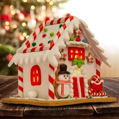 Produktbild von LED Lebkuchenhaus 13cm Deko Weihnachtshaus weiß-rot