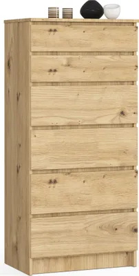 A tall, narrow chest of drawers made of light-colored wood with a visible grain pattern.