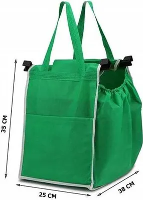 A green shopping bag with dimensions indicated.