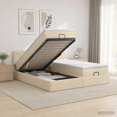 Image de Maison Exclusive - Lit plateforme avec matelas et éclairage LED, couleur crème, dimensions 200 x 200 cm, revêtement en tissu