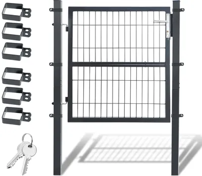 A garden gate with its accessories, including hinges, a lock, and keys, displayed against a white background.
