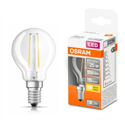 A clear LED filament light bulb is shown next to its packaging.