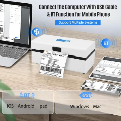 Obrázek produktu pro BT tiskárna štítků, stolní termotisk, připojení USB, univerzální tiskárna přepravních štítků, podporuje 1D a 2D čárové kódy, šířka 112 mm, šířka papíru pro přepravní štítky, obchod, restaurace, kuchyně, supermarket, domácí obchod, maloobchodní prodejna