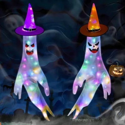 Productafbeelding van Set van 2 Halloween Decoratie Geesten Windsokken met LED Lichten