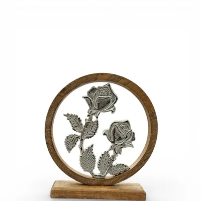 Produktbild von Holzschild mit Blumen Deko Schild Aufsteller Holzschild Metall Rosen Geschenk Mangoholz