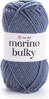 A ball of blue-gray yarn with a white label.