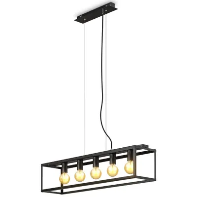 A modern linear pendant light fixture with a black metal frame and five visible filament bulbs, suspended from the ceiling by black cords.