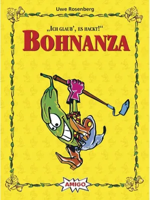 A cartoon character of a bean plant holding gardening tools, with text and a logo on a yellow background.