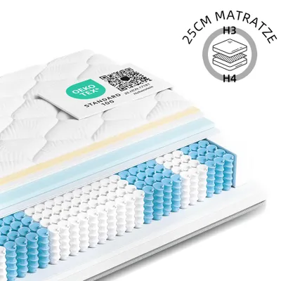 Produktbild von Matratze 90x200x25 cm 7-Zonen Federkernmatratze, Härtegrad H3/H4 Taschenfederkernmatratze, Matratzen mit Komfortschaum, Premium Taschenfederkern