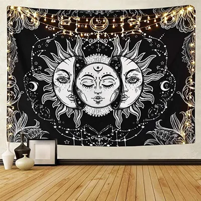 Produktbild von Tarot-Wandteppich Sonne und Mond, Psychedelischer Himmels-Wandteppich in Schwarz, Wandbehang, Hippie-Bohemian-Mandala im indischen Stil (A-Sonne und Mond, L/148cmx200cm)