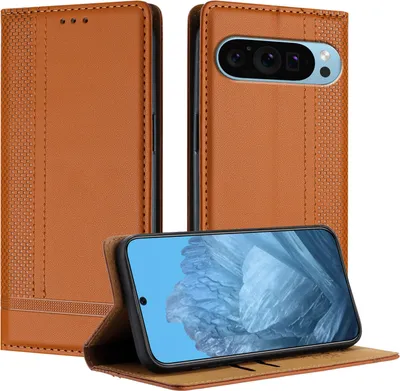 Image de Étui pour Google Pixel 9 Pro étui à rabat en cuir avec fonction de support Marron