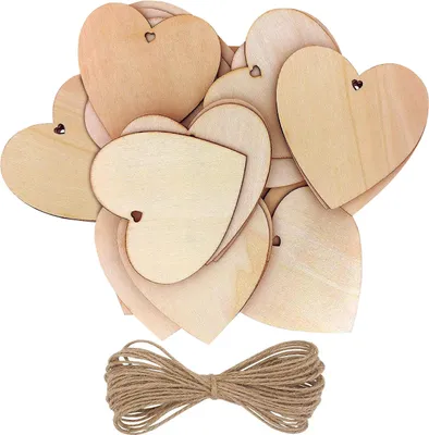 Produktbild von Kurtzy 25-er Pack Holzherzen mit 10m Jute Schnur - 10x10cm Streudeko Set Holz Herzen Unbehandelt mit Loch zum Beschriften - Holzherz Deko für
