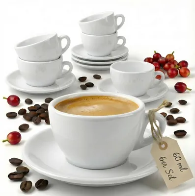 Produktbild von MUVELL 6x Espressotassen á 60 ml | Weiß | Italian Style | extra dickwandig mit 0,8 cm & schwere Ausführung | spülmaschinenfest | 12 teiliges Espressotassen Set mit Untertassen - Geschenkset