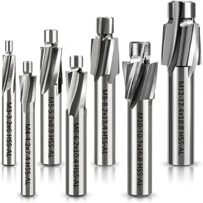 Produktbild von 7 Stück Senker Schaftfräser, M3-M12 Flachsenkersatz, Cutter Slot Bohrer CNC Drehfräser Set Werkzeug HSS-AL für Kupfer, aluminium, stahl, gusseisen