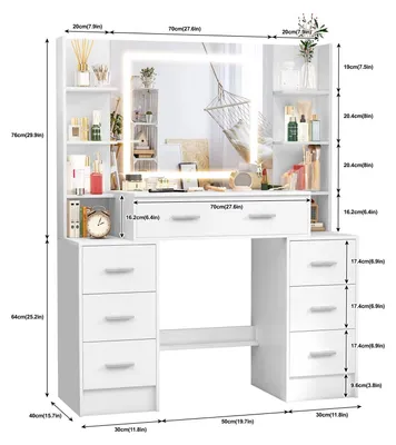 Immagine prodotto di Comodino con specchio a LED - Bianco - Legno - Design moderno e minimalista - Arredamento per la camera da letto
