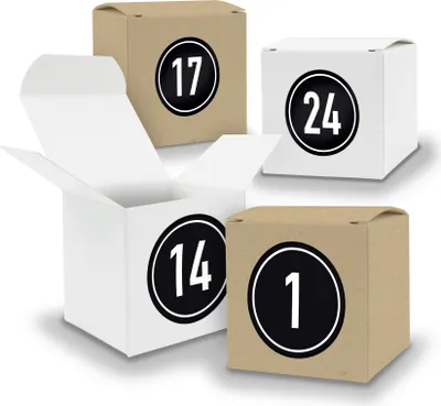 Produktbild von Adventskalender zum Füllen 24x Würfel 6,5cm gemischt WEISS BRAUN + Sticker V06 Z08