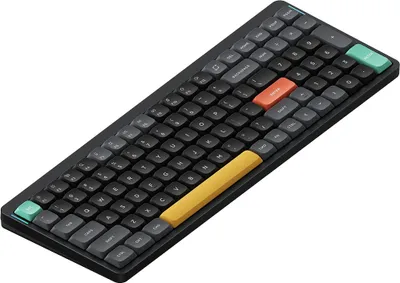 A close-up, angled shot of a black mechanical keyboard with colorful accent keys on a white background.