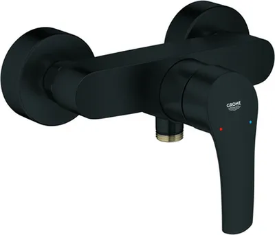 A black Grohe Eurosmart shower faucet mounted on a white background.