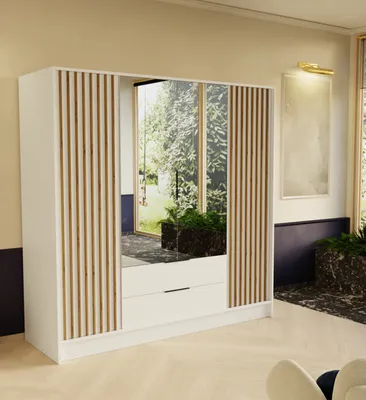 Produktbild von Drehtürenschrank ORE, 4-türig Kleiderschrank mit 2 Schubladen, und 2 Spiegel, Moderne Garderobe, Schrank Größe: 200 x 200 x 51 cm