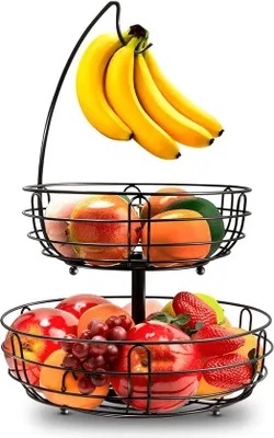 Productafbeelding van Famanu fruitmand met 2 lagen en bananenhanger - moderne fruitschaal voor het opbergen in de keuken