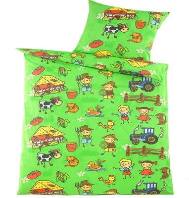 Produktbild von 2-tlg. Renforce Jugend Bettwäsche, 135x200 +80x80cm, Motiv: Bauernhof, grün, 100% Baumwolle