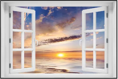 Produktbild von Wallario Wandbild mit Fenster-Illusion: Sonnenuntergang über dem Wasser, Größe: 61 x 91,5 cm, Poster mit schwarzem Aluminiumrahmen