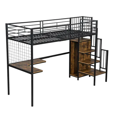 Produktbild von Flieks Etagenbett 90x200cm mit L-förmigem Schreibtisch und Eisengitterregal, Hochbett mit Treppe und Garderobe, Kinderbett Metallbett, Schwarz