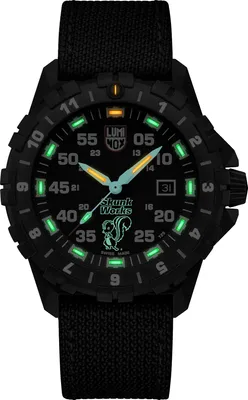A black Luminox watch with a black strap, featuring a black dial with green luminous markers and yellow and light blue hands. The watch has a date window and a "Skunk Works" logo.