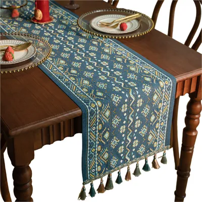 Produktbild von Boho Tischläufer mit Quasten, Jacquard Tischdecke für Esstisch Urlaub Party Wohnzimmer Dekoration,  Blau 33 x 180 cm