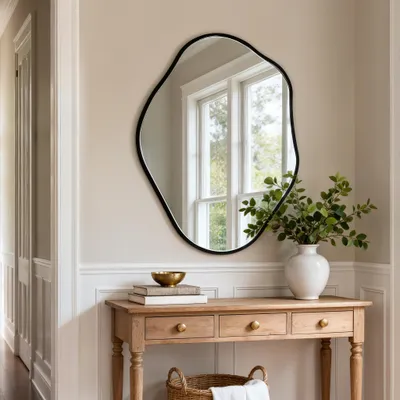 Immagine prodotto di WISFOR Specchio da parete, 52,5 x 70 cm, design asimmetrico, colore nero. Specchio da parete irregolare con cornice in alluminio, ideale per ingresso, soggiorno o camera da letto