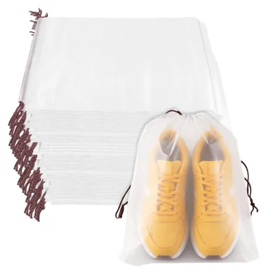 Produktbild von 100 Transparente Schuhbeutel mit Kordelzug - Wasserdichte Aufbewahrungstaschen für Reisen