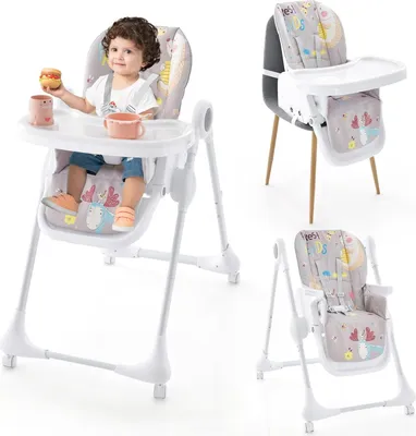 Produktbild von COSTWAY 3 in 1 Babyhochstuhl umwandelbar, klappbarer Hochstuhl mit Liegefunktion, 7-stufiger Höhen, verstellbarer Fußstütze & Rückenlehne, Kinderstuhl tragbar mit Rollen für 6-36 Monaten (Grau)