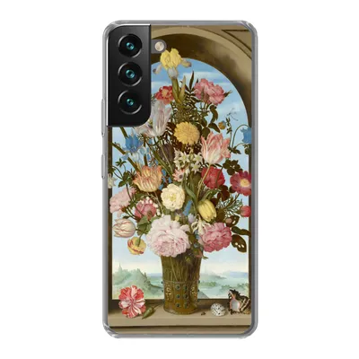 Produktbild von MuchoWow® Handyhülle Schutzhülle Hülle für Samsung Galaxy S22 Vase mit Blumen in einem Fenster - Gemälde von Ambrosius Bosschaert dem Älteren Silikon Softcase Handy Hülle - Mobiltelefonhülle