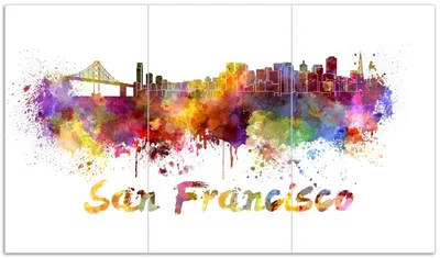 Produktbild von Wallario Herdabdeckplatte aus Glas, Größe 90 x 52 cm 3-teilig, Motiv Städte als Aquarell - Skyline von San Francisco