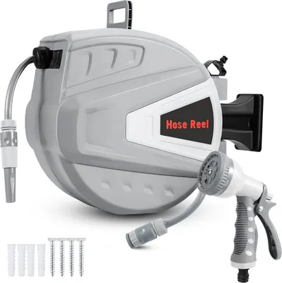 Produktbild von Jayseuw Schlauchtrommel Schlauchaufroller 30M 180°Schwenkbar Premium Automatik Wand-Schlauchbox mit Wasserpistole, Inkl. Wandhalterung, Grau