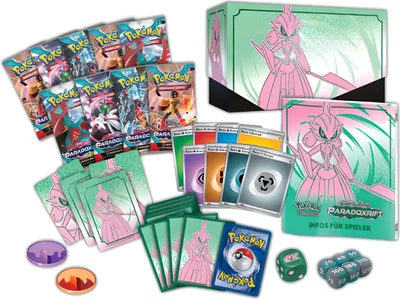 A collection of Pokemon trading cards, booster packs, and accessories, including a storage box and dice, arranged on a white background.