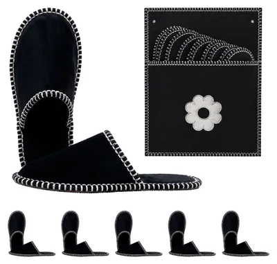 Productafbeelding van Relaxdays gastenslippers, 6 paar, "Blume" slippers met tas, maten 36-45, viltpantoffels, antislipzool, zwart